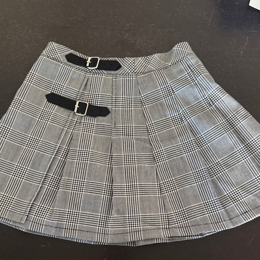 Katie J NYC Black & White Plaid Pleated Mini Skirt with Buckles- shorts built in